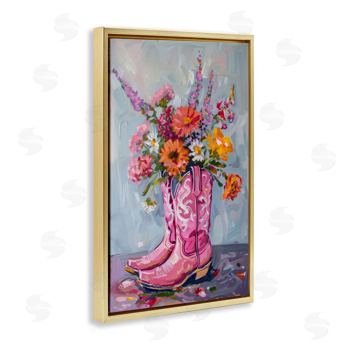 Petal Prints Design Floral Cowboy Boots Gold Floating Frame Canvas Wall Art Print