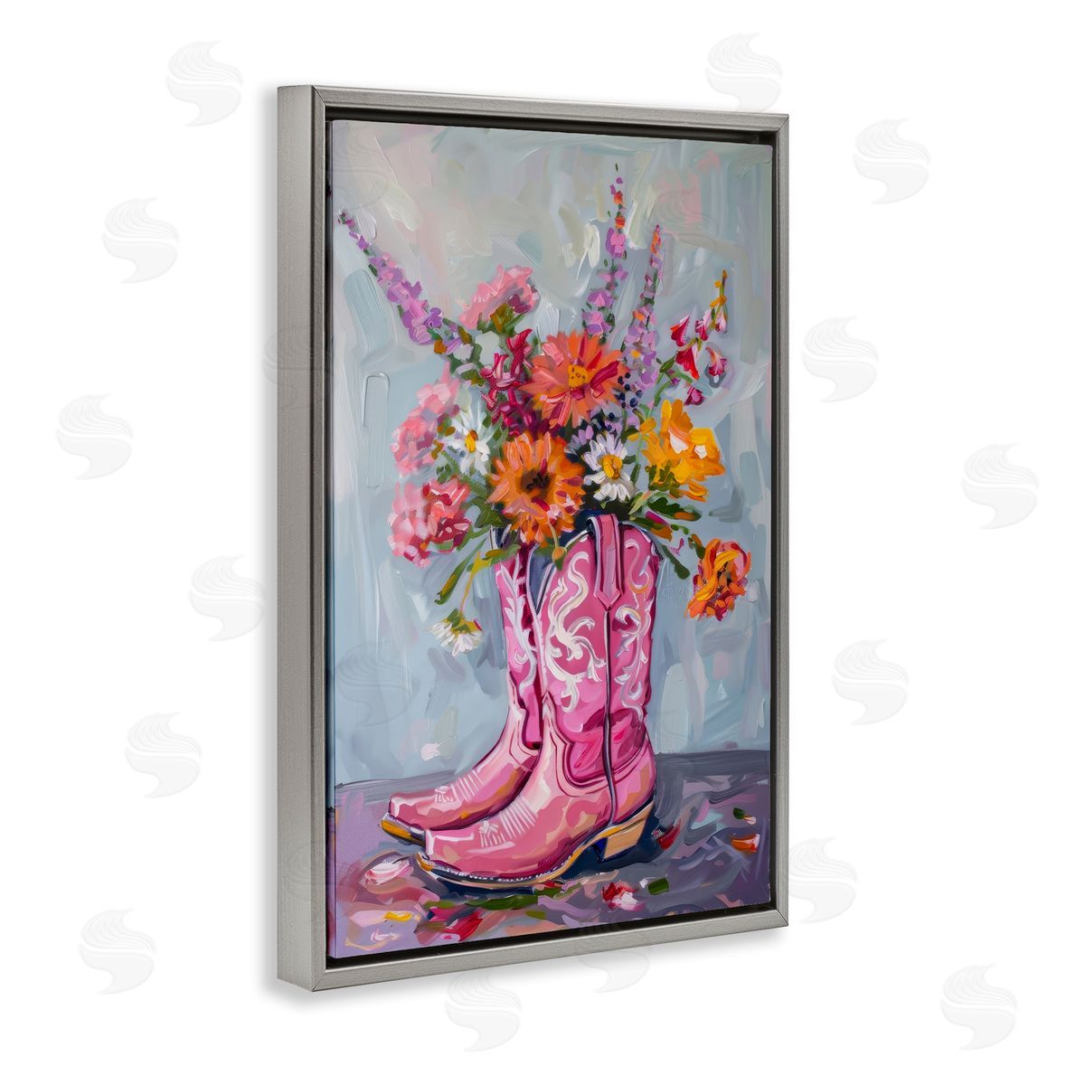 Petal Prints Design Floral Cowboy Boots Gray Floating Frame Canvas Wall Art Print
