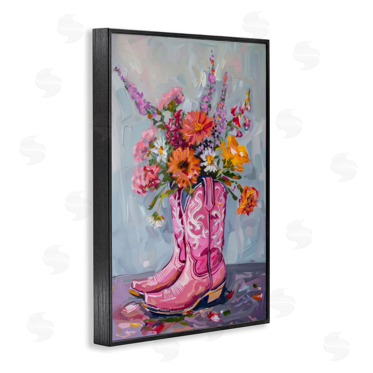 Petal Prints Design Floral Cowboy Boots Black Framed Giclee Wall Art Print