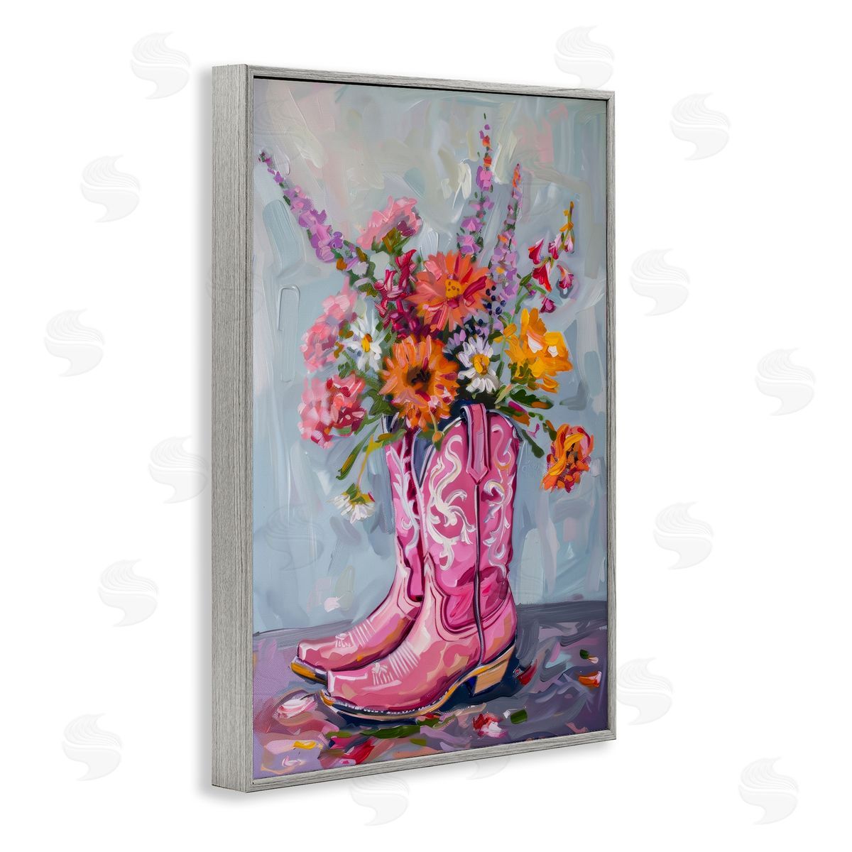 Petal Prints Design Floral Cowboy Boots Gray Framed Giclee Wall Art Print