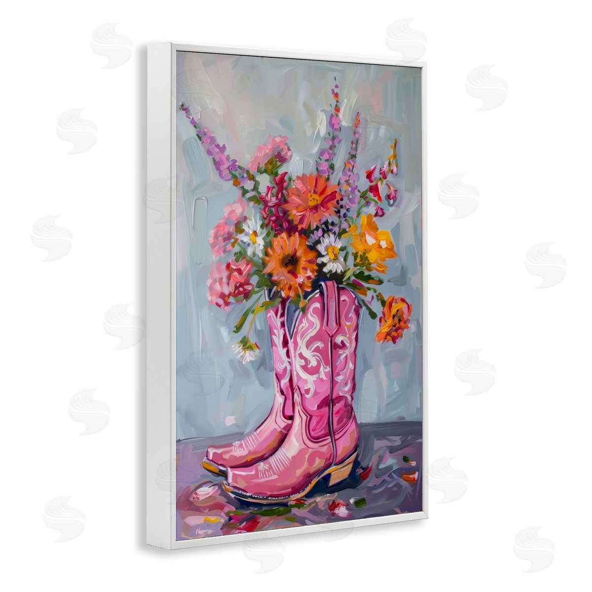 Petal Prints Design Floral Cowboy Boots White Framed Giclee Wall Art Print