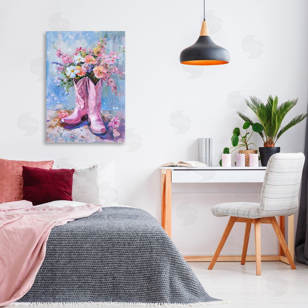 Petal Prints Design Floral Cowgirl Boots Canvas Wall Art Print in Room