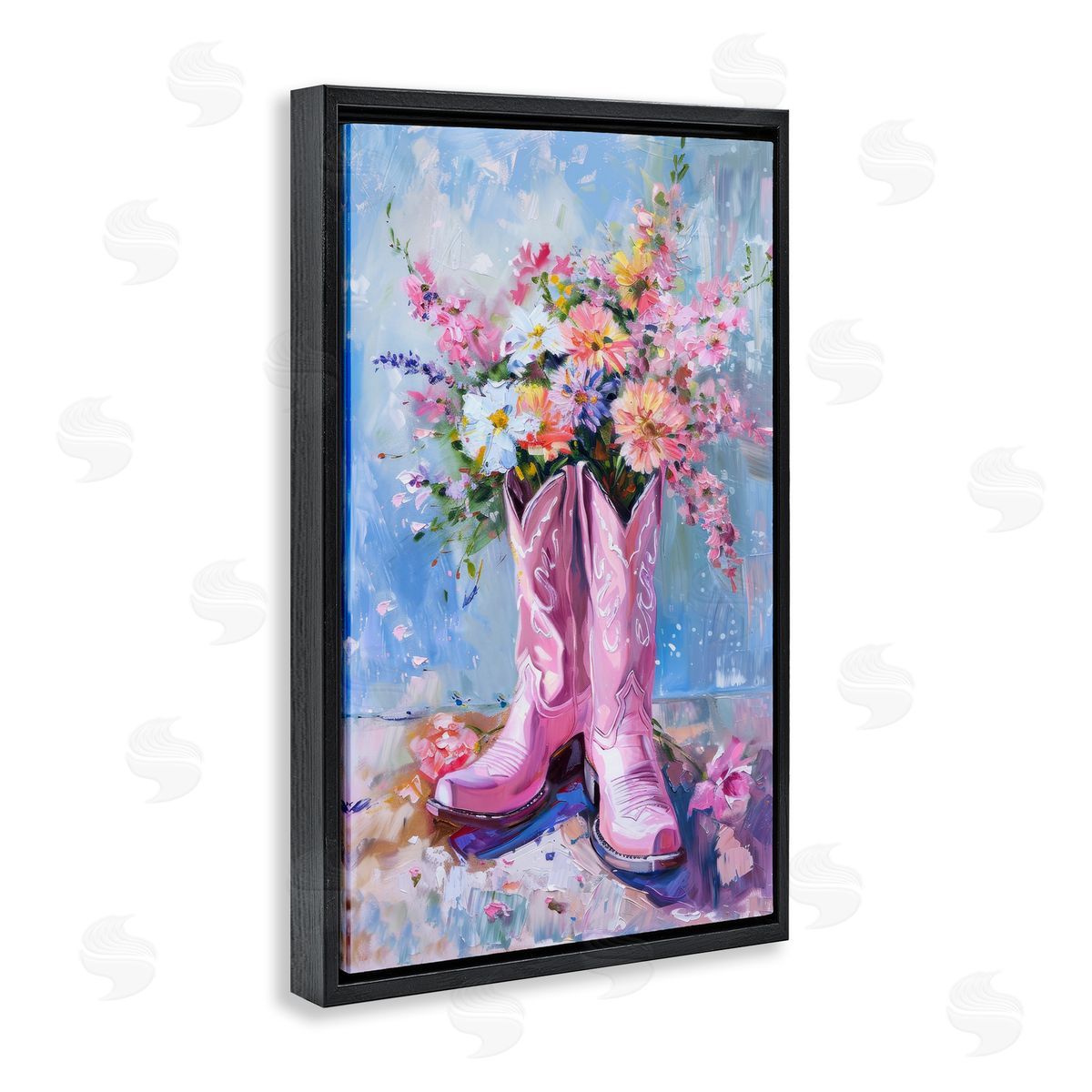 Petal Prints Design Floral Cowgirl Boots Black Floating Frame Canvas Wall Art Print