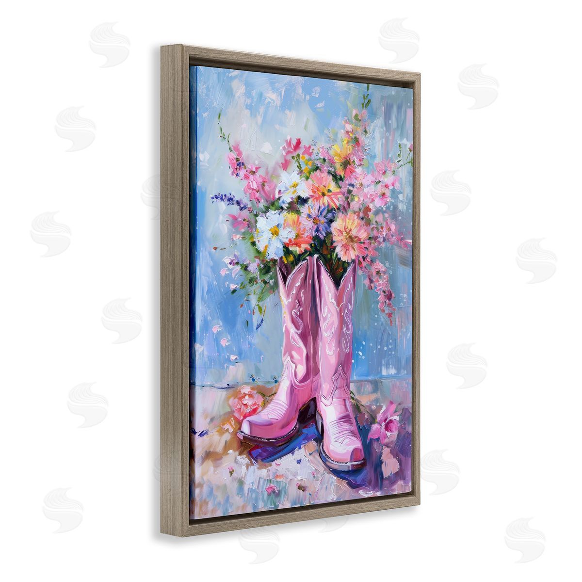 Petal Prints Design Floral Cowgirl Boots Brown Floating Frame Canvas Wall Art Print