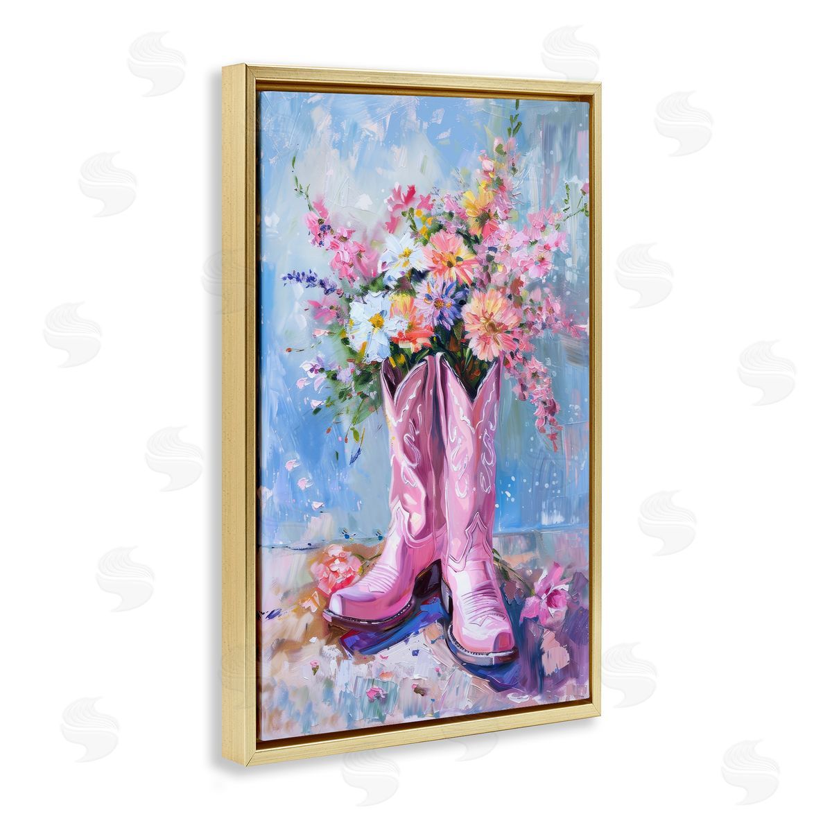 Petal Prints Design Floral Cowgirl Boots Gold Floating Frame Canvas Wall Art Print