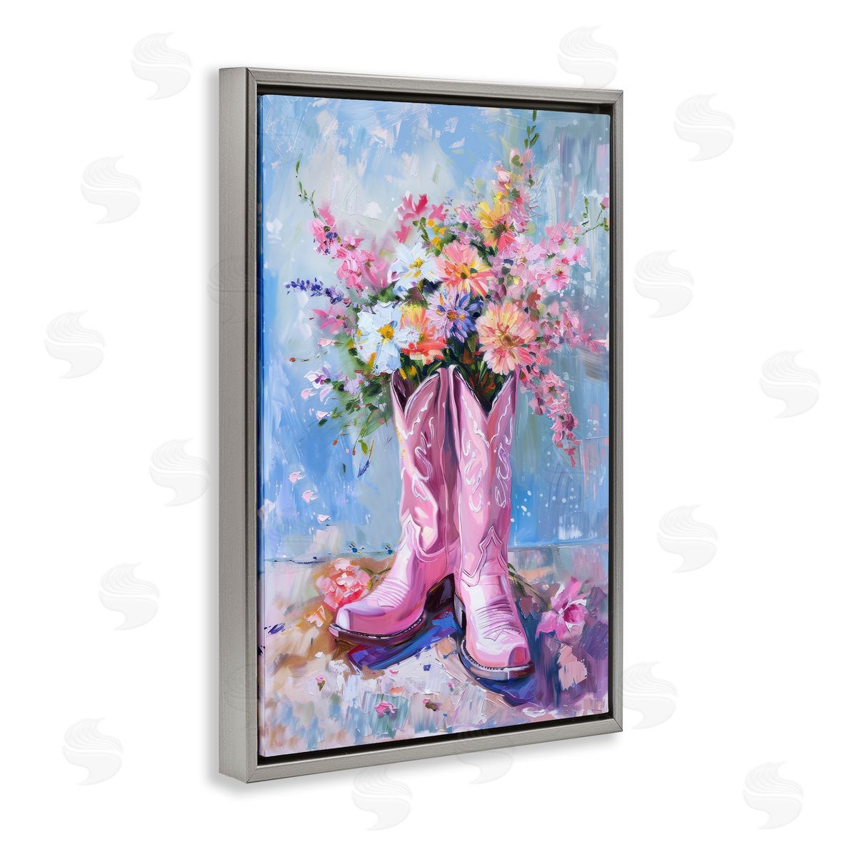Petal Prints Design Floral Cowgirl Boots Gray Floating Frame Canvas Wall Art Print
