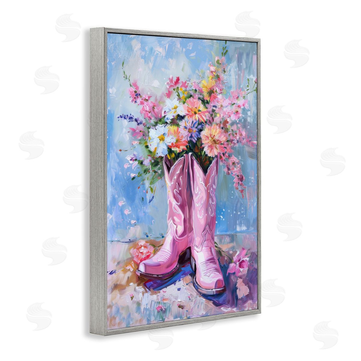 Petal Prints Design Floral Cowgirl Boots Gray Framed Giclee Wall Art Print
