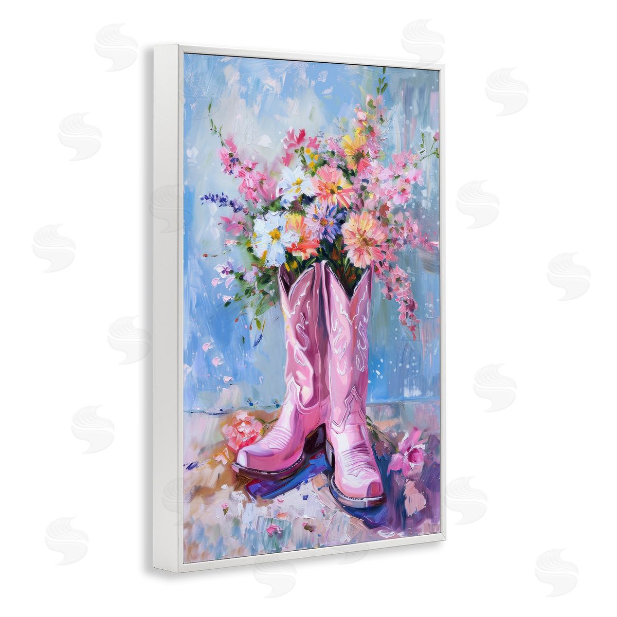 Petal Prints Design Floral Cowgirl Boots White Framed Giclee Wall Art Print