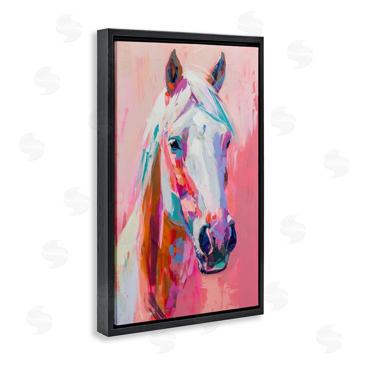 Petal Prints Design Horse Visage on Pink Black Floating Frame Canvas Wall Art Print