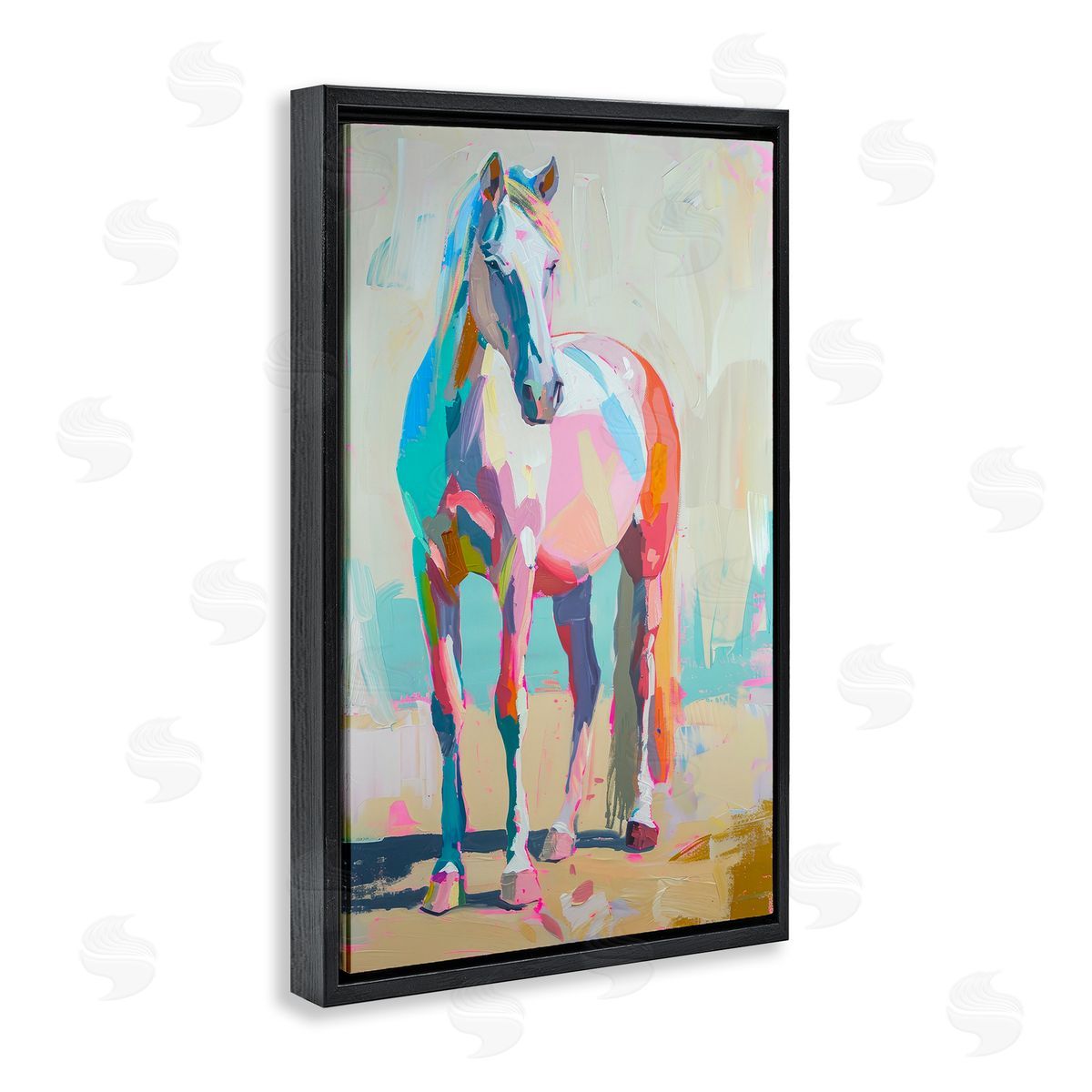 Petal Prints Design Pastel Hued Horse Black Floating Frame Canvas Wall Art Print