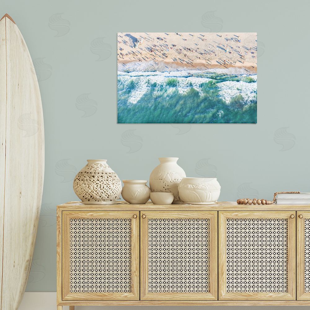 Sisi and Seb Aerial Tide Beach Foam Canvas Wall Art Print in Room