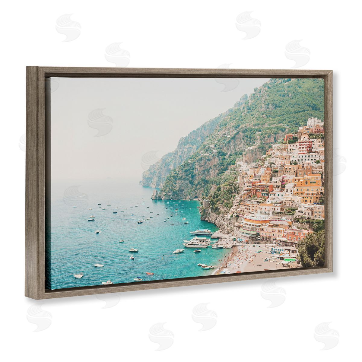 Sisi and Seb Amalfi Coast Harbor Brown Floating Frame Canvas Wall Art Print
