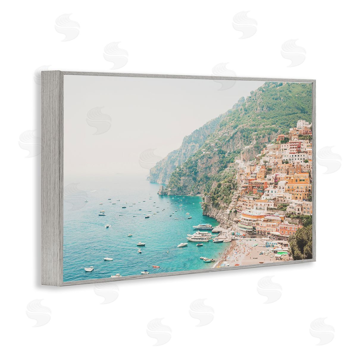 Sisi and Seb Amalfi Coast Harbor Gray Framed Giclee Wall Art Print