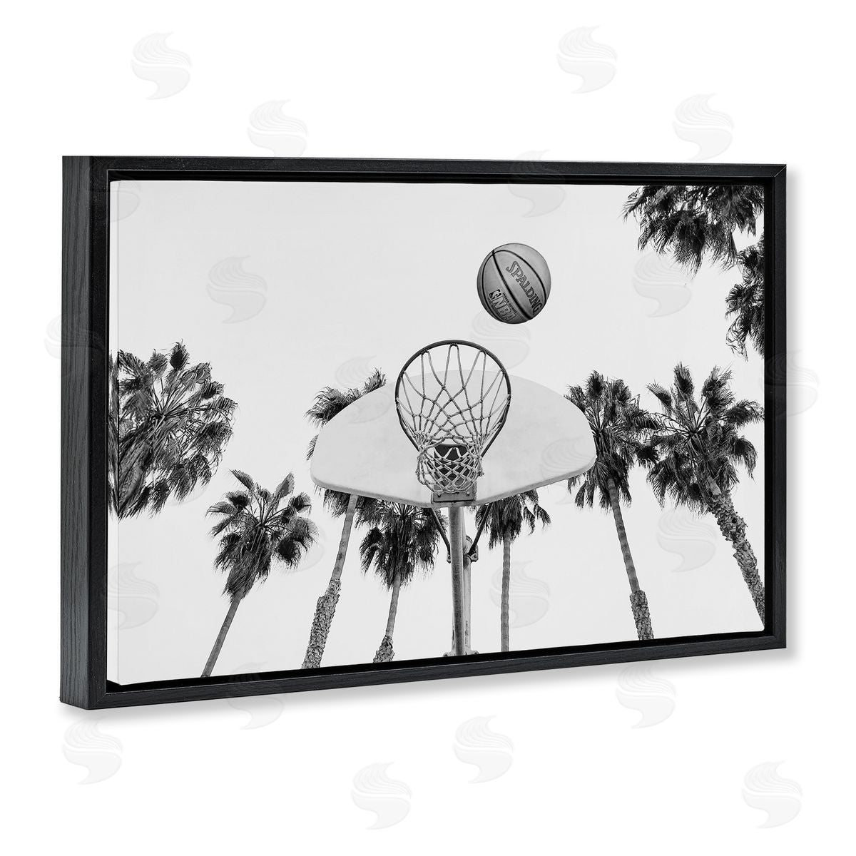 Sisi and Seb Basketball Hoop with Palms Black Floating Frame Canvas Wall Art Print