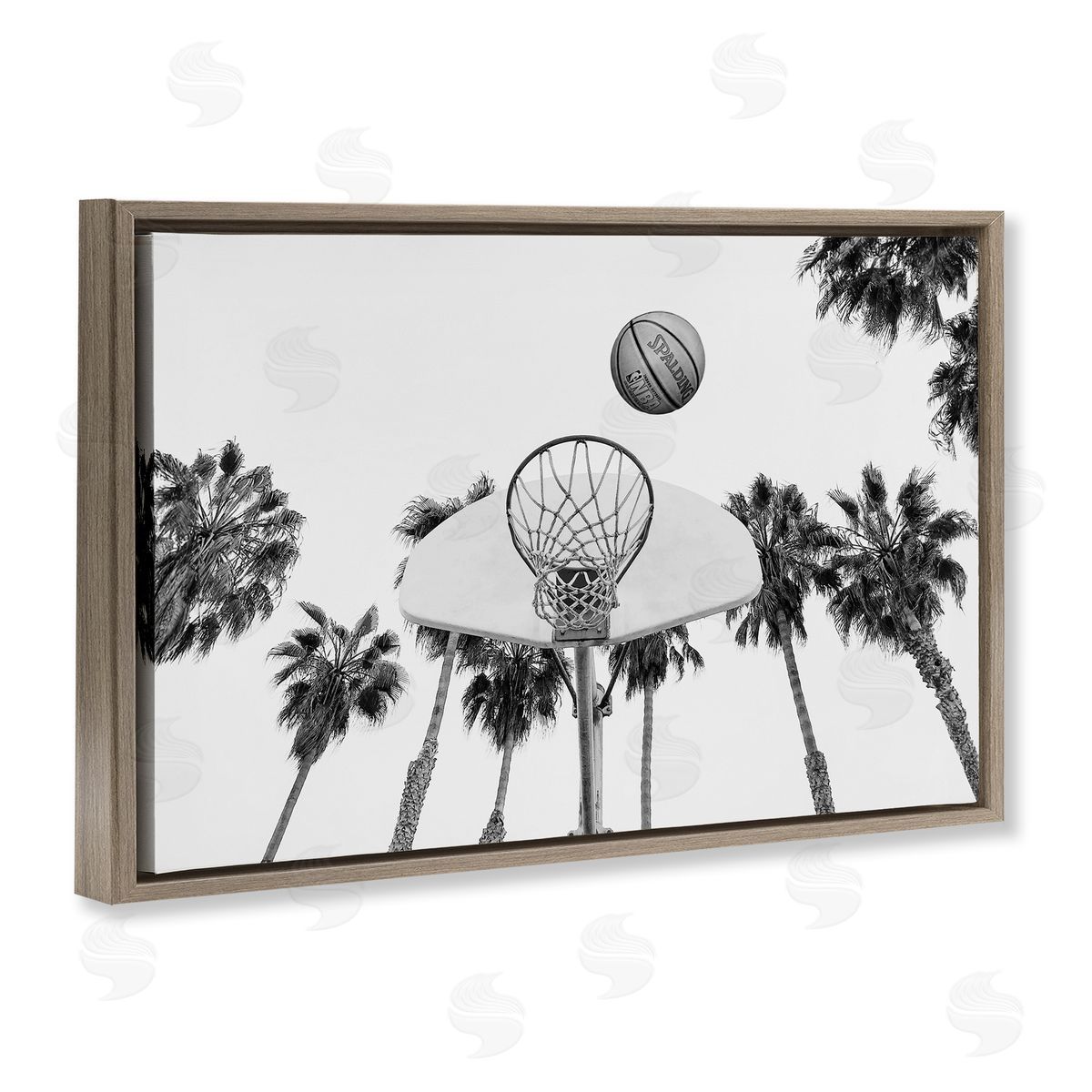 Sisi and Seb Basketball Hoop with Palms Brown Floating Frame Canvas Wall Art Print