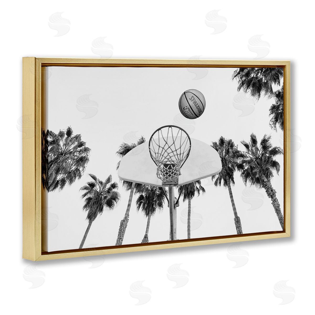 Sisi and Seb Basketball Hoop with Palms Gold Floating Frame Canvas Wall Art Print
