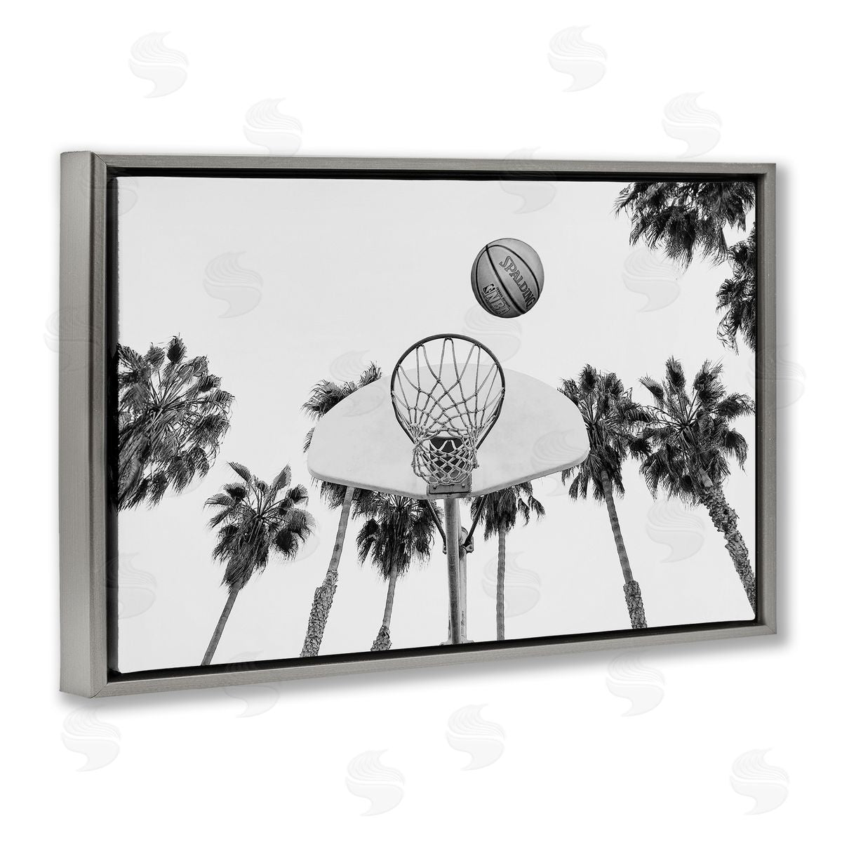 Sisi and Seb Basketball Hoop with Palms Gray Floating Frame Canvas Wall Art Print