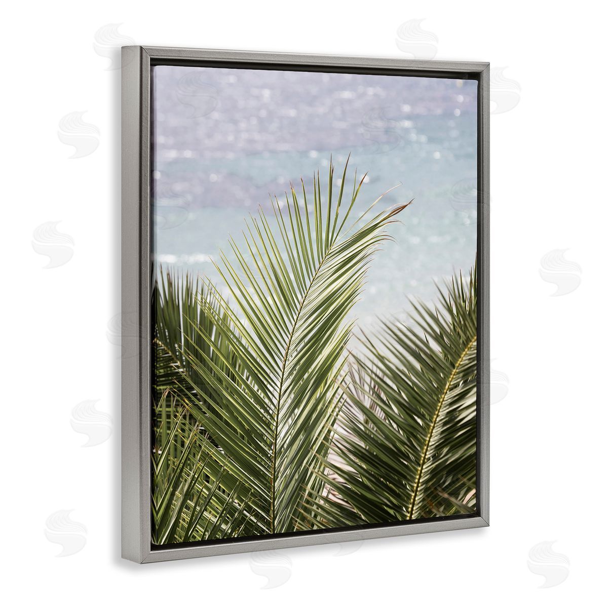 Sisi and Seb Graceful Palms by Sea Gray Floating Frame Canvas Wall Art Print