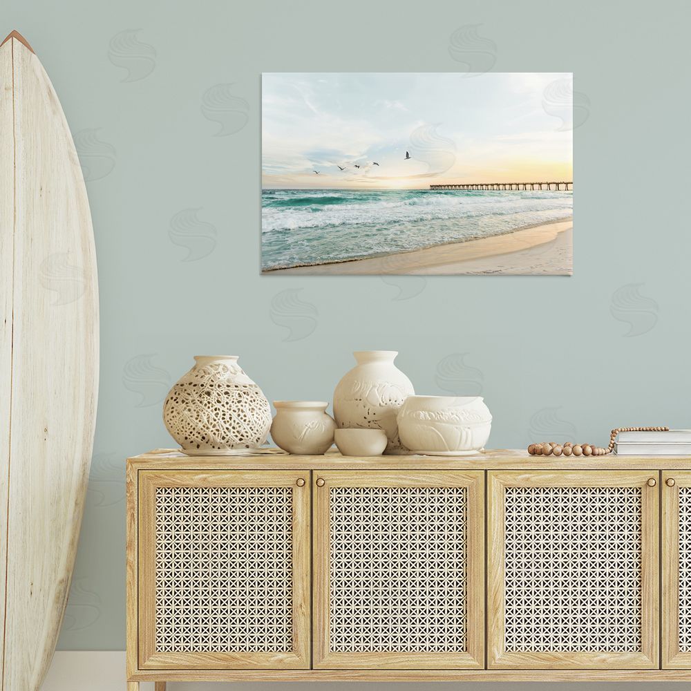 Sisi and Seb Birds at Beach Pier Canvas Wall Art Print in Room
