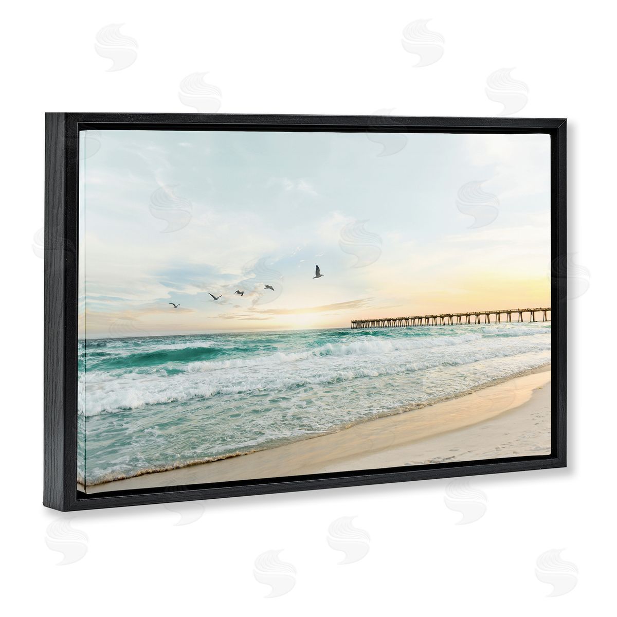 Sisi and Seb Birds at Beach Pier Black Floating Frame Canvas Wall Art Print