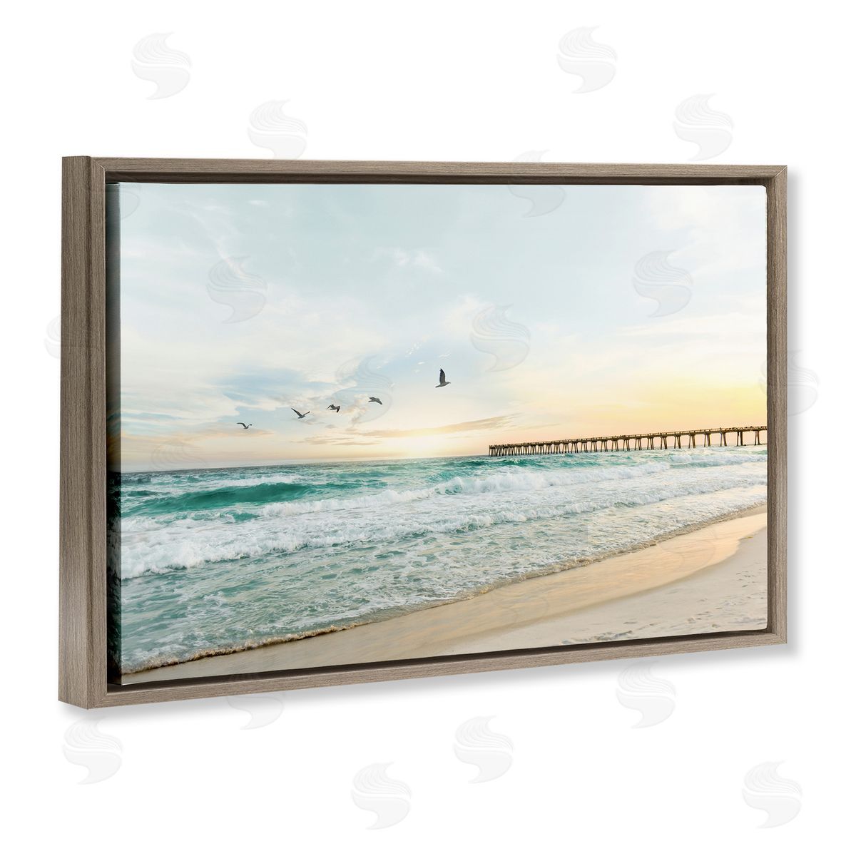 Sisi and Seb Birds at Beach Pier Brown Floating Frame Canvas Wall Art Print