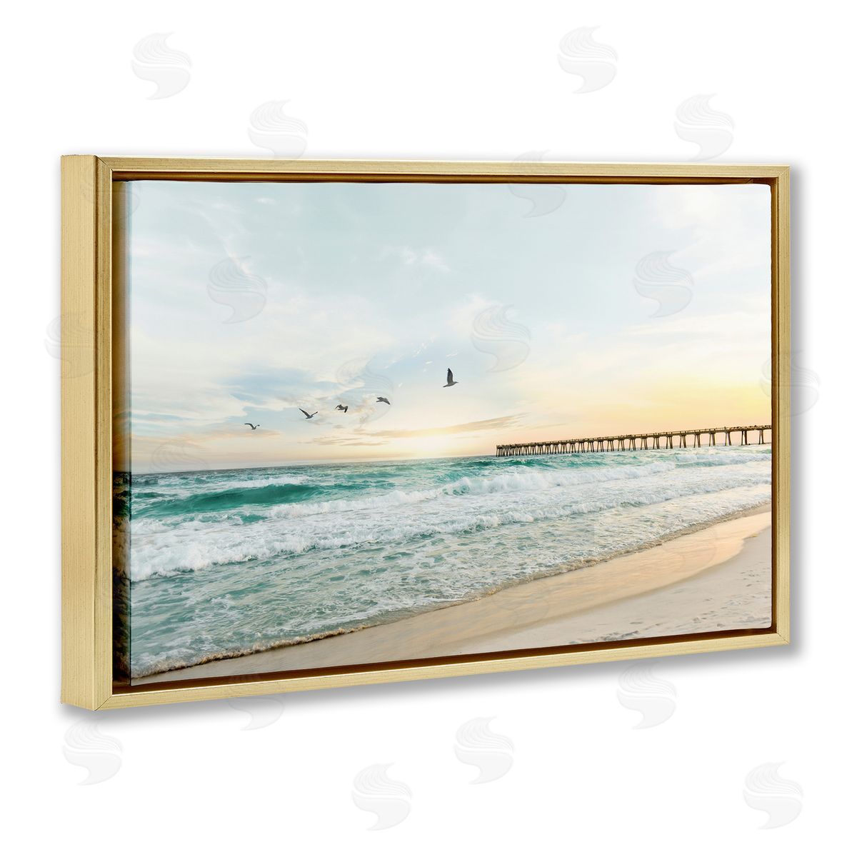 Sisi and Seb Birds at Beach Pier Gold Floating Frame Canvas Wall Art Print