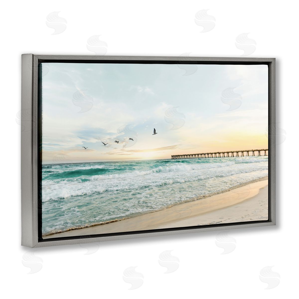 Sisi and Seb Birds at Beach Pier Gray Floating Frame Canvas Wall Art Print