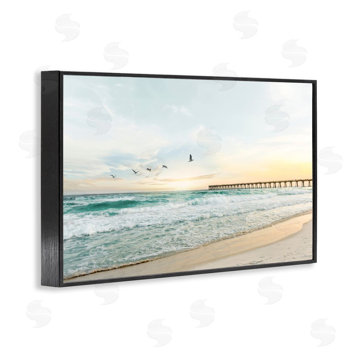 Sisi and Seb Birds at Beach Pier Black Framed Giclee Wall Art Print