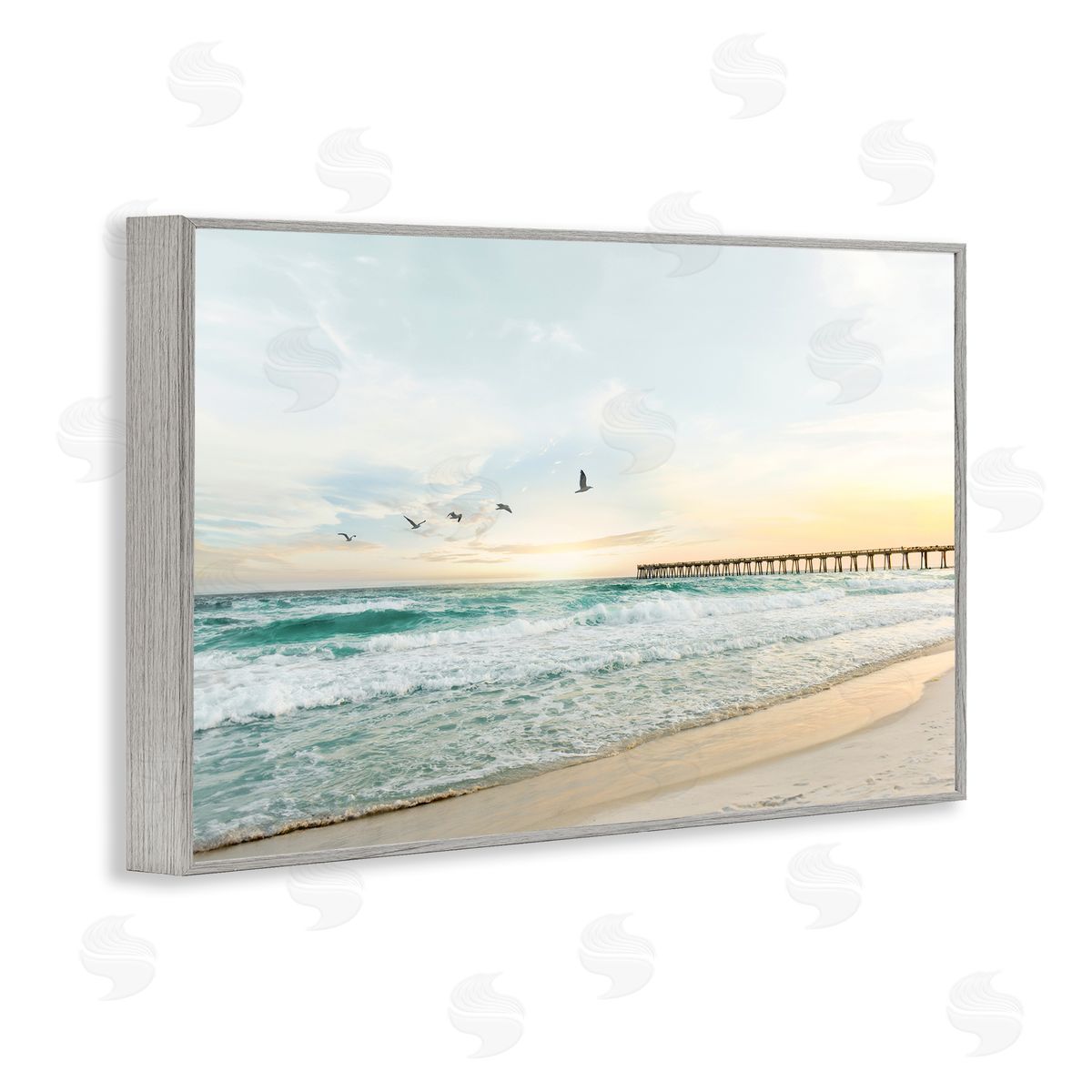 Sisi and Seb Birds at Beach Pier Gray Framed Giclee Wall Art Print