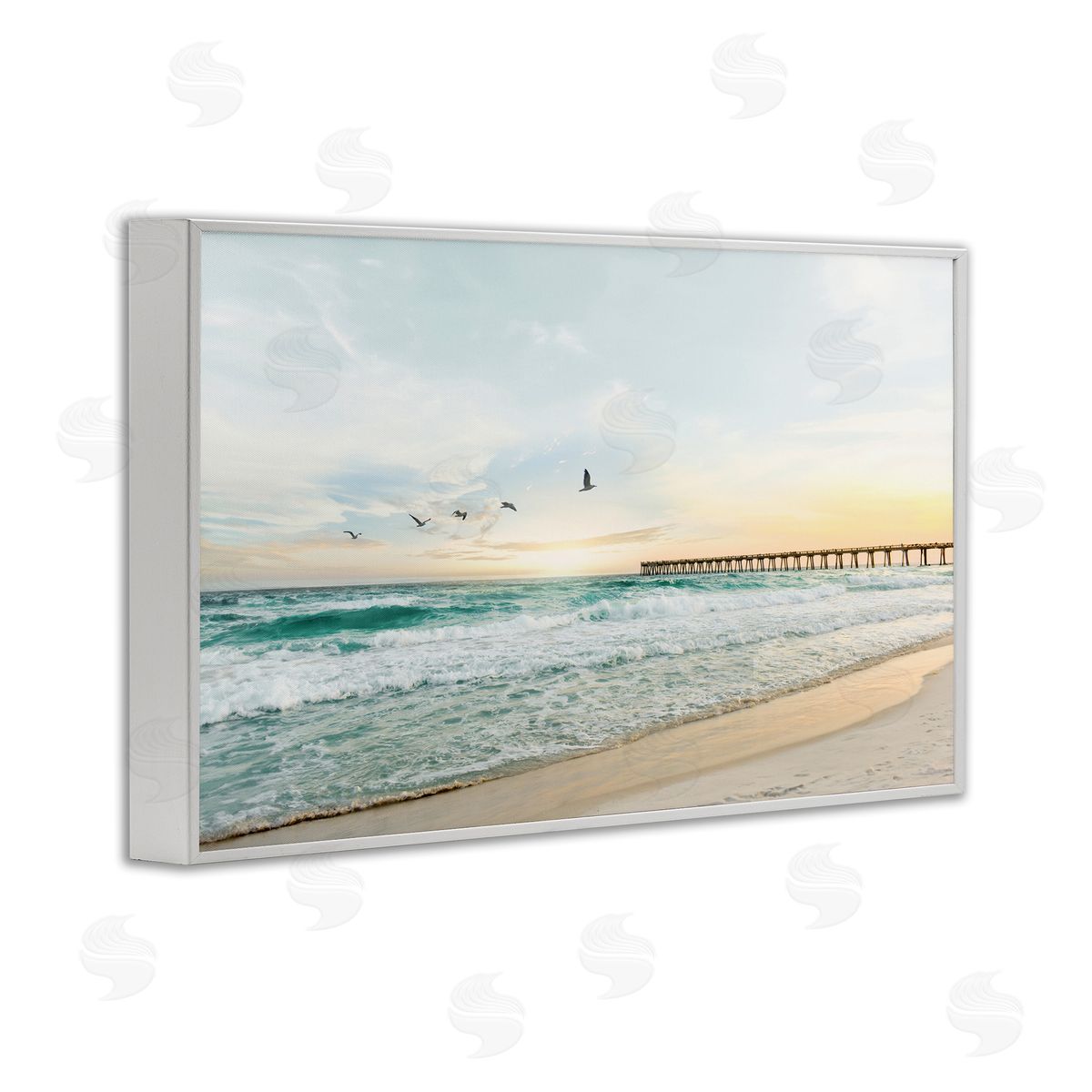 Sisi and Seb Birds at Beach Pier White Framed Giclee Wall Art Print