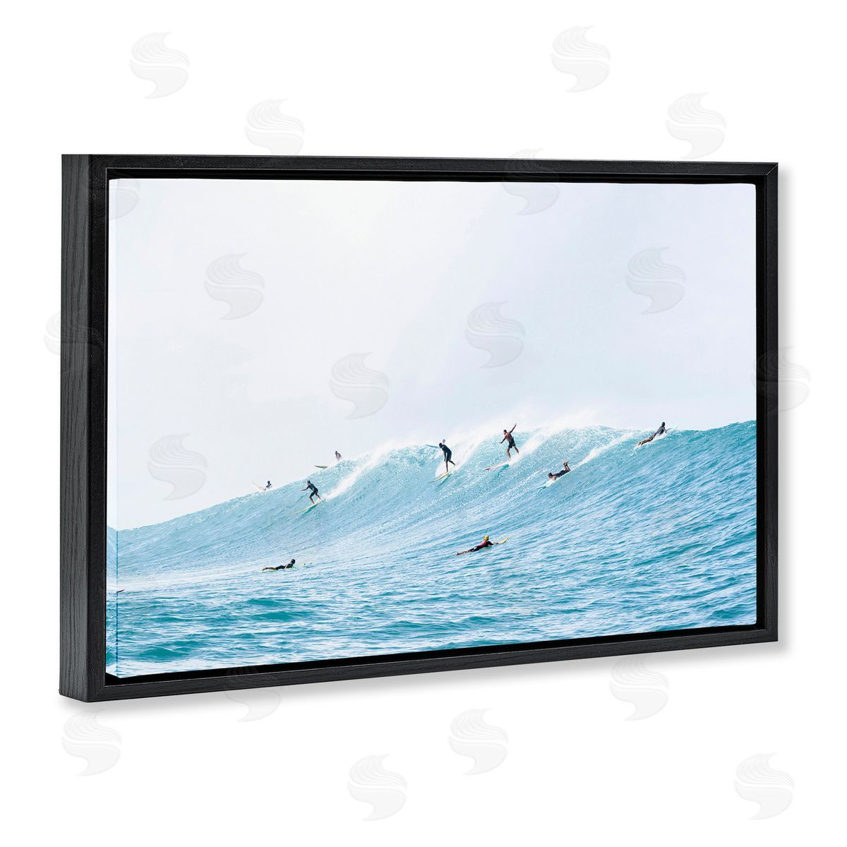 Sisi and Seb Blue Wave Surfers Black Floating Frame Canvas Wall Art Print