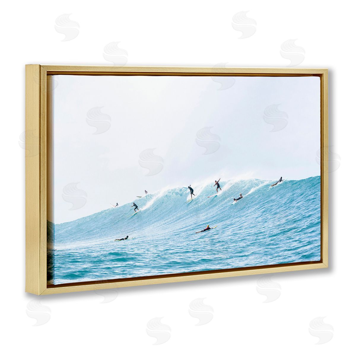Sisi and Seb Blue Wave Surfers Gold Floating Frame Canvas Wall Art Print