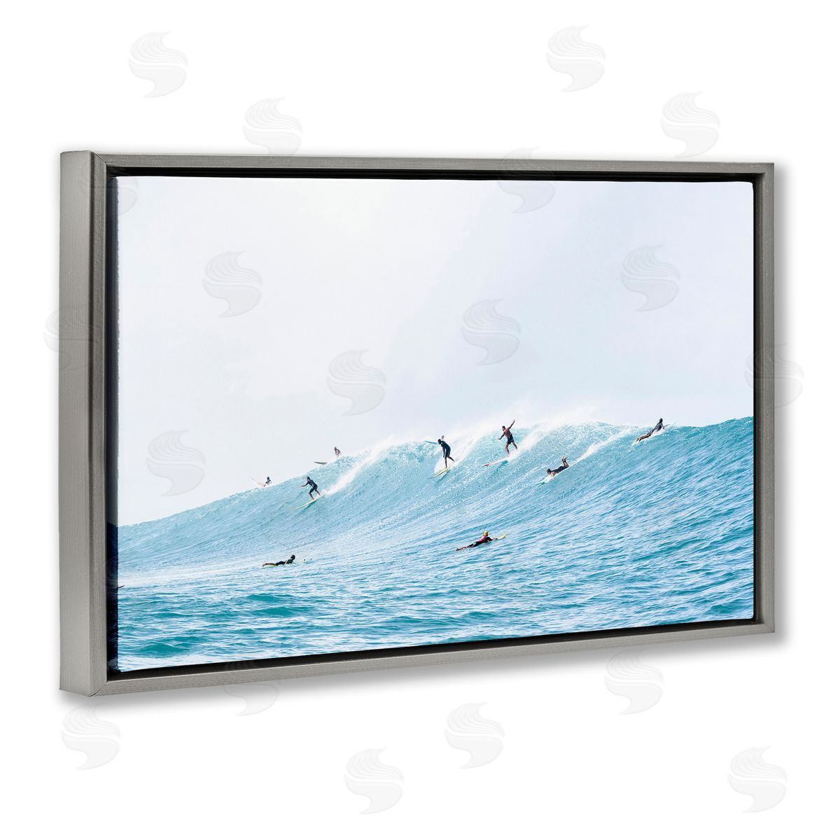Sisi and Seb Blue Wave Surfers Gray Floating Frame Canvas Wall Art Print
