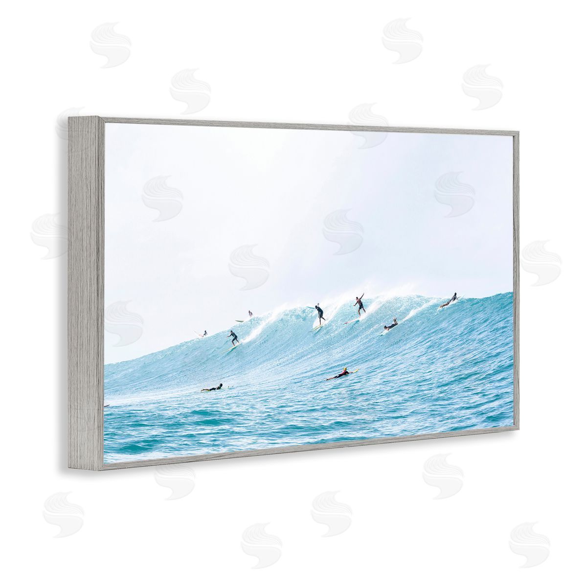 Sisi and Seb Blue Wave Surfers Gray Framed Giclee Wall Art Print