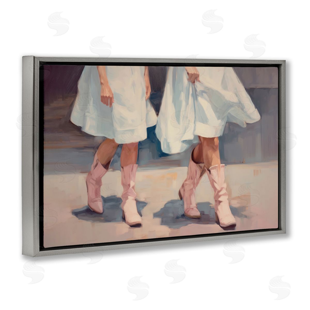 Sisi and Seb Friends with Cowgirl Boots Gray Floating Frame Canvas Wall Art Print