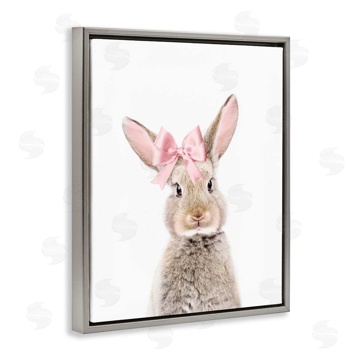 Sisi and Seb Bunny with Pink Bow Gray Floating Frame Canvas Wall Art Print