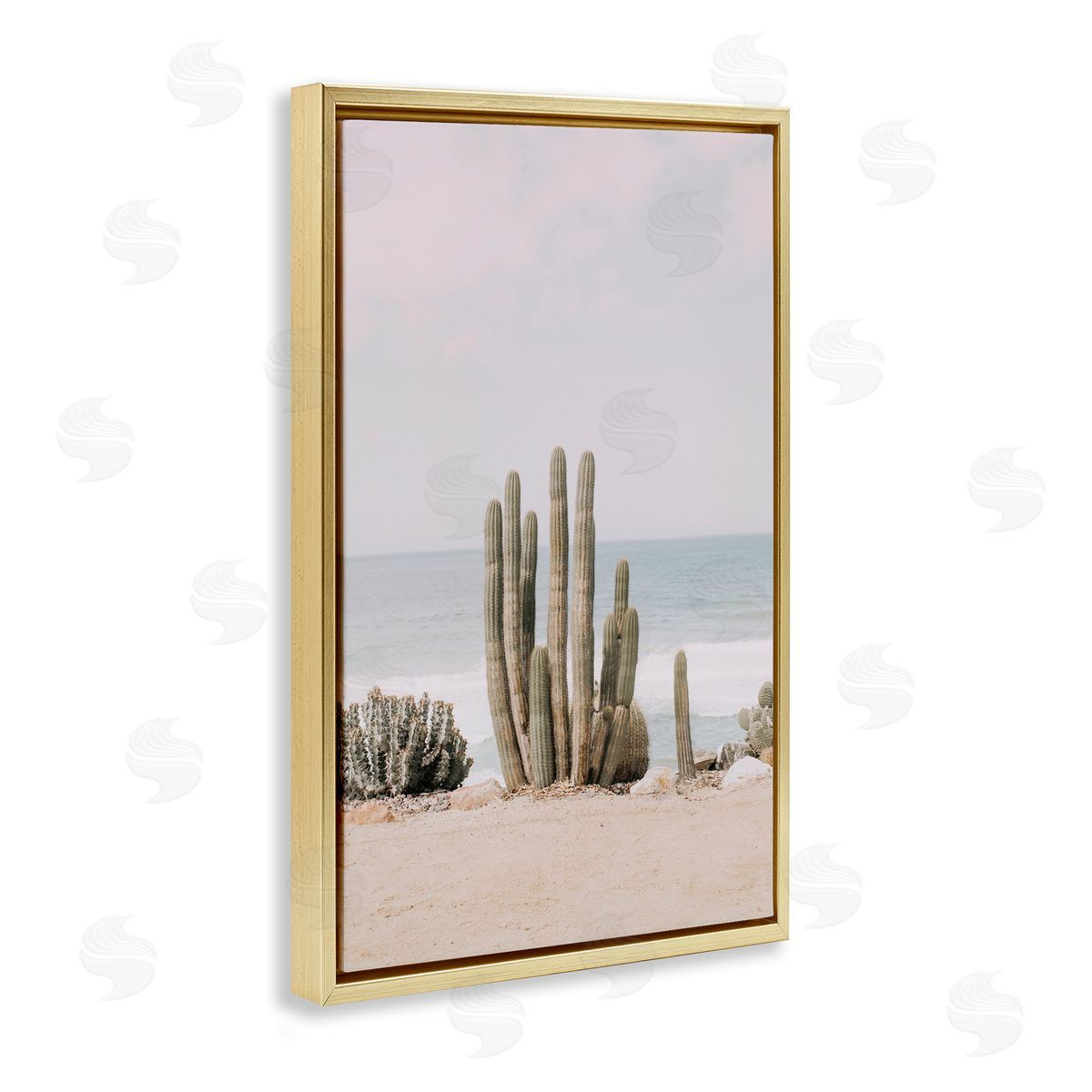 Sisi and Seb Cactus on Beach Shore Gold Floating Frame Canvas Wall Art Print
