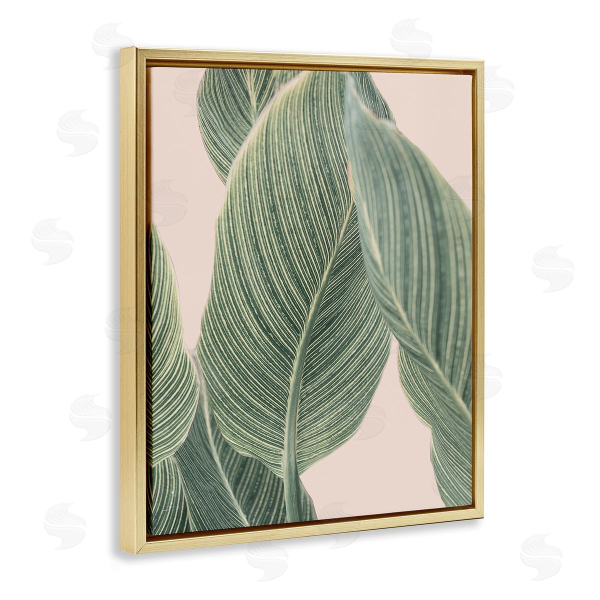Sisi and Seb Curled Green Leaves Gold Floating Frame Canvas Wall Art Print