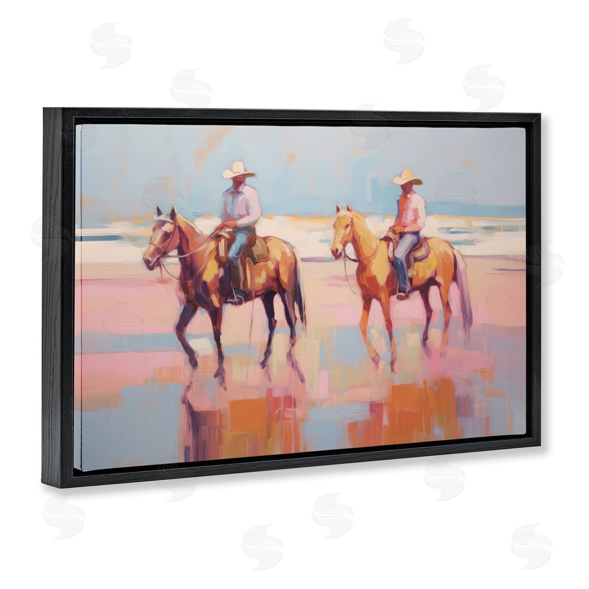 Sisi and Seb Two Cowboys in Creek Black Floating Frame Canvas Wall Art Print