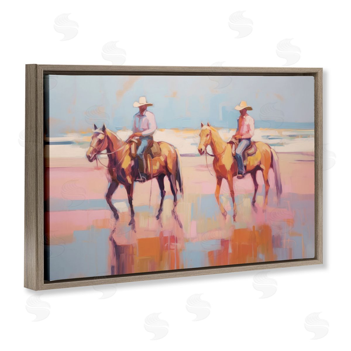 Sisi and Seb Two Cowboys in Creek Brown Floating Frame Canvas Wall Art Print