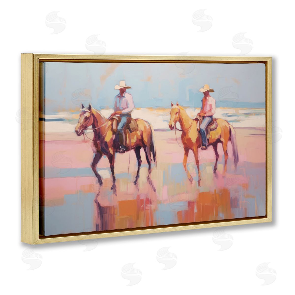 Sisi and Seb Two Cowboys in Creek Gold Floating Frame Canvas Wall Art Print