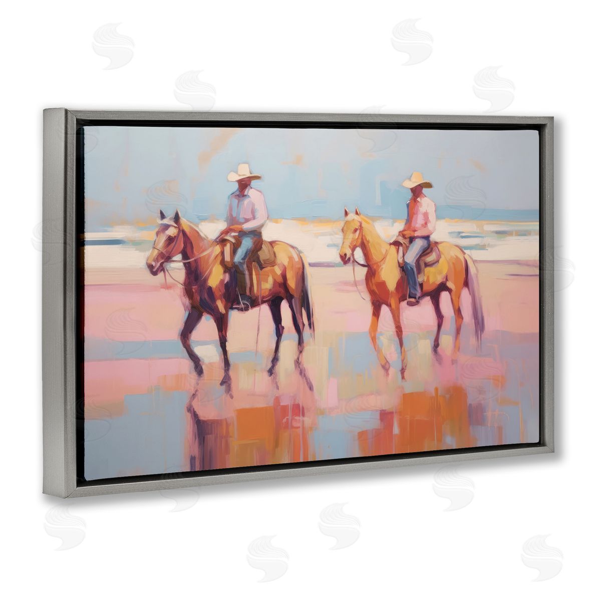 Sisi and Seb Two Cowboys in Creek Gray Floating Frame Canvas Wall Art Print