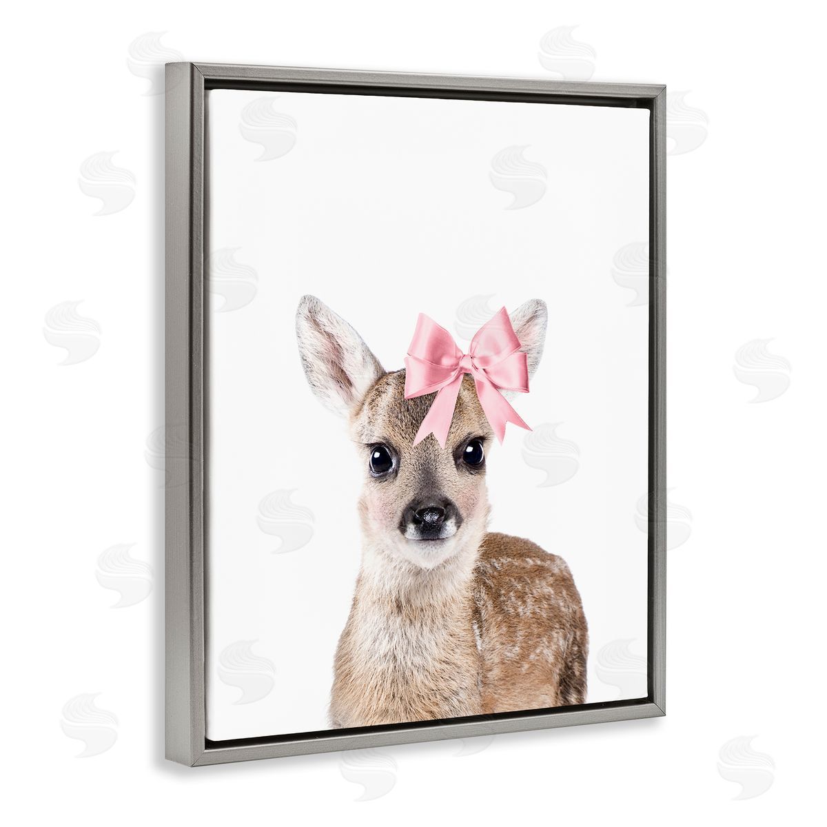 Sisi and Seb Fawn with Pink Bow Gray Floating Frame Canvas Wall Art Print
