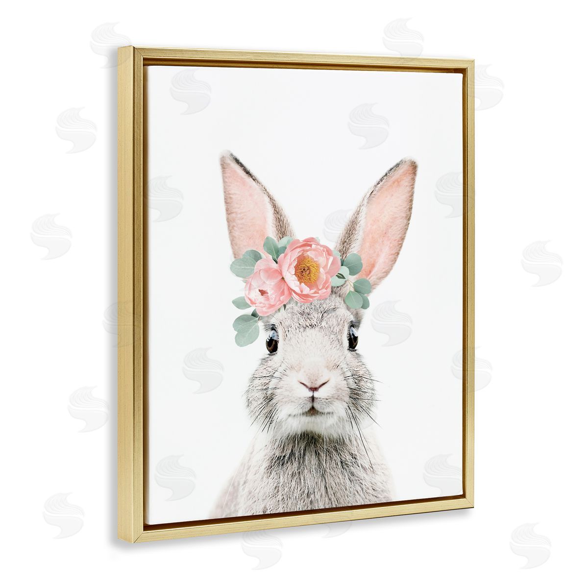 Sisi and Seb Pink Flower Bunny Gold Floating Frame Canvas Wall Art Print