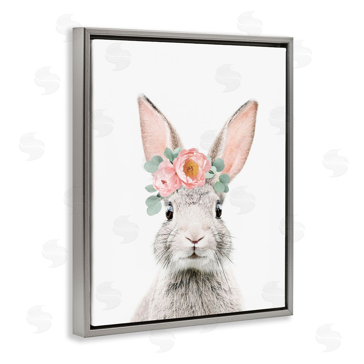 Sisi and Seb Pink Flower Bunny Gray Floating Frame Canvas Wall Art Print