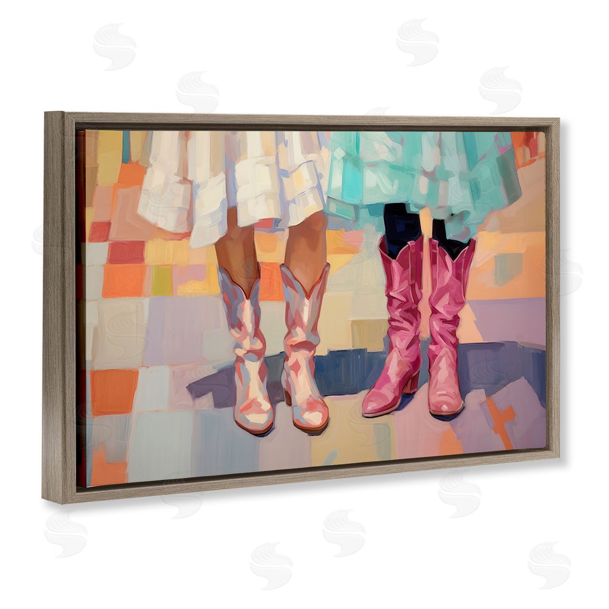Girls in Cowboy Boots Brown Floating Frame Canvas Wall Art, Home Decor by Sisi and Seb