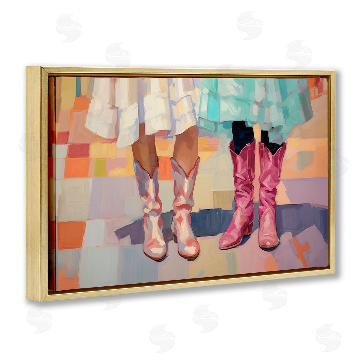 Girls in Cowboy Boots Gold Floating Frame Canvas Wall Art, Home Decor by Sisi and Seb