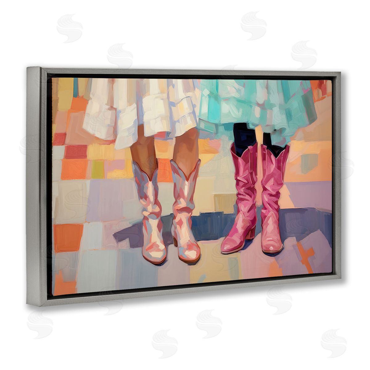 Girls in Cowboy Boots Grey Floating Frame Canvas Wall Art, Home Decor by Sisi and Seb
