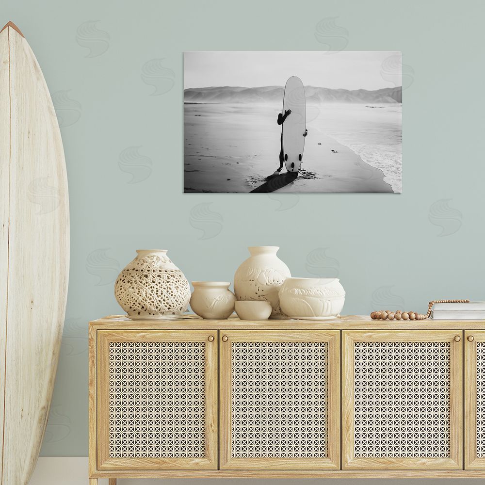 Sisi and Seb Hiding with Surfboard Canvas Wall Art Print in Room