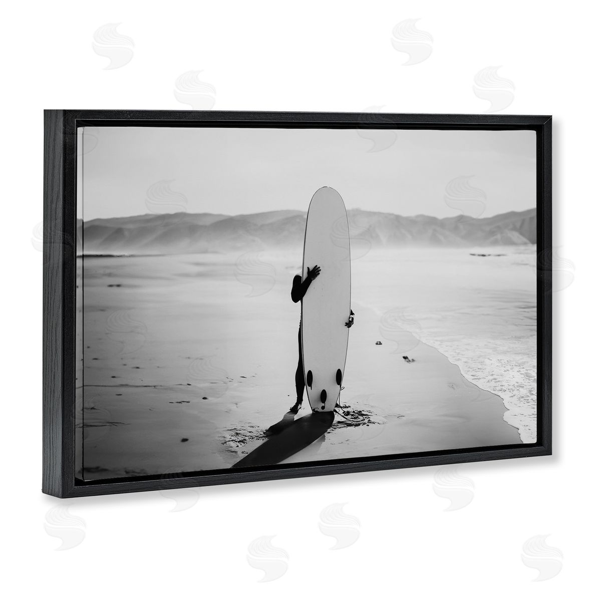 Sisi and Seb Hiding with Surfboard Black Floating Frame Canvas Wall Art Print